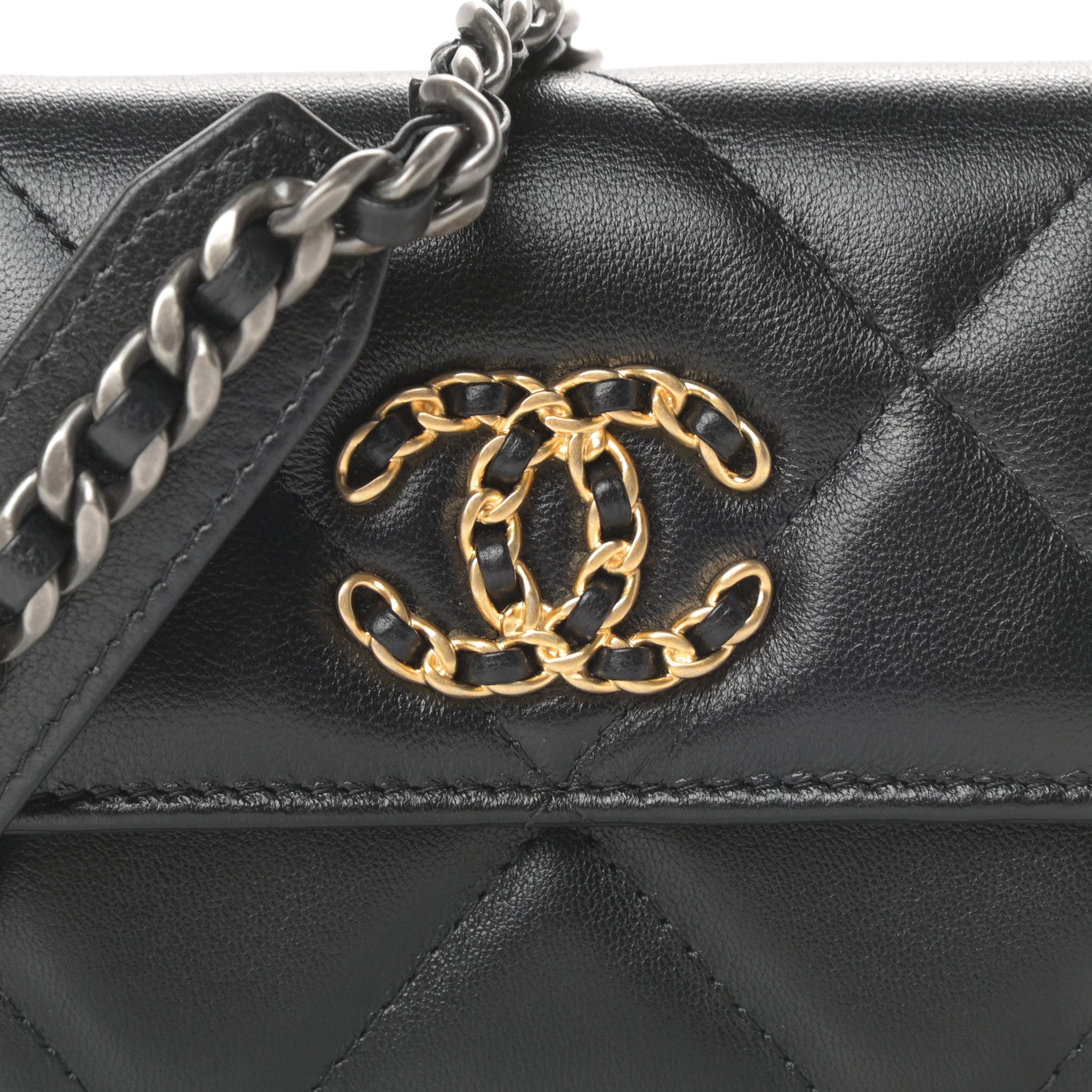 Chanel Shiny Goatskin Quilted Chanel 19 Flap Coin Purse With Chain Black 9 of 12