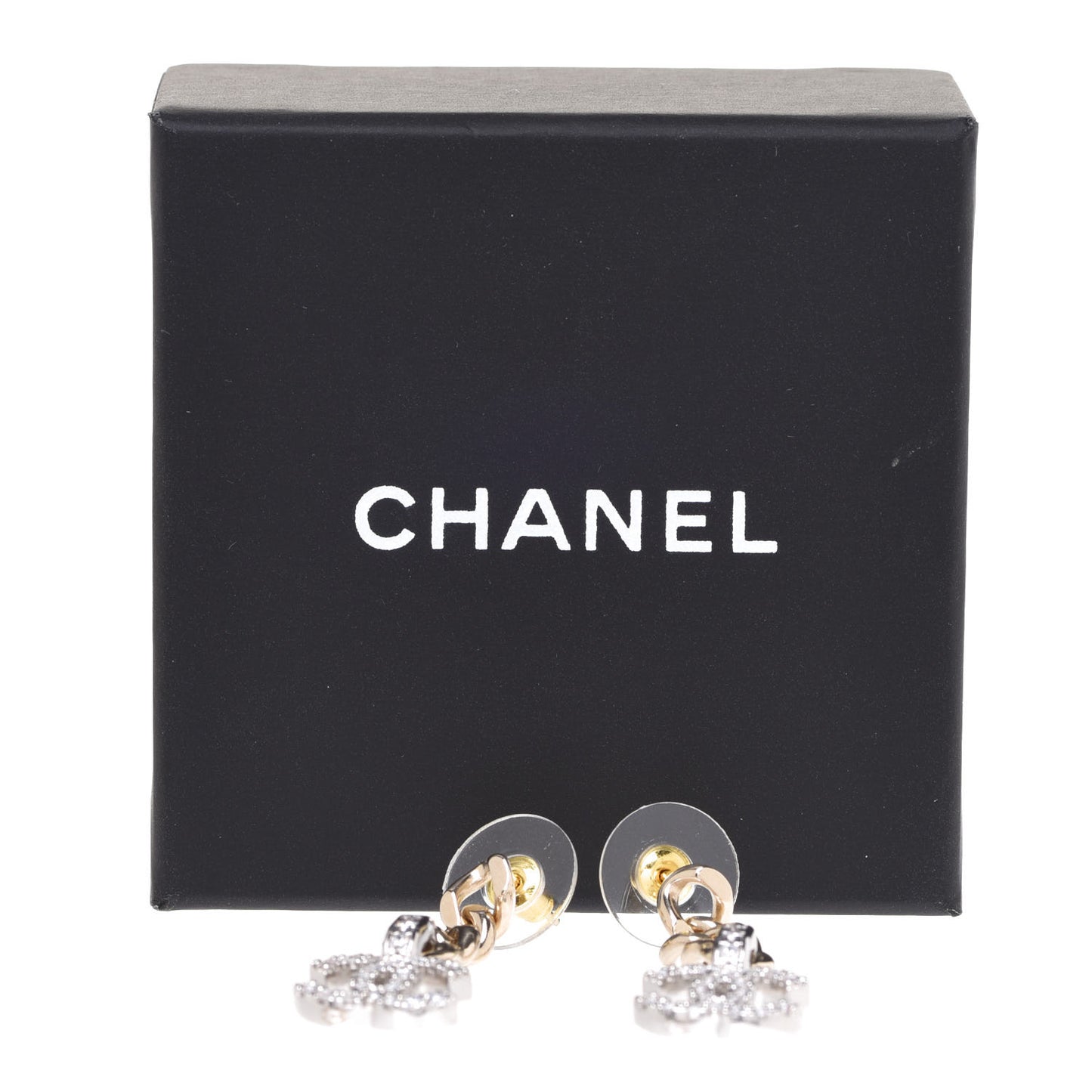 Metal Crystal CC Chain Drop Earrings Gold