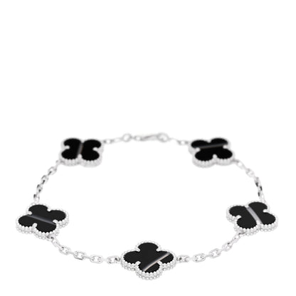 Van Cleef & Arpels 18K White Gold Veined Black Onyx 5 Motifs Vintage Alhambra Bracelet 1 of 5