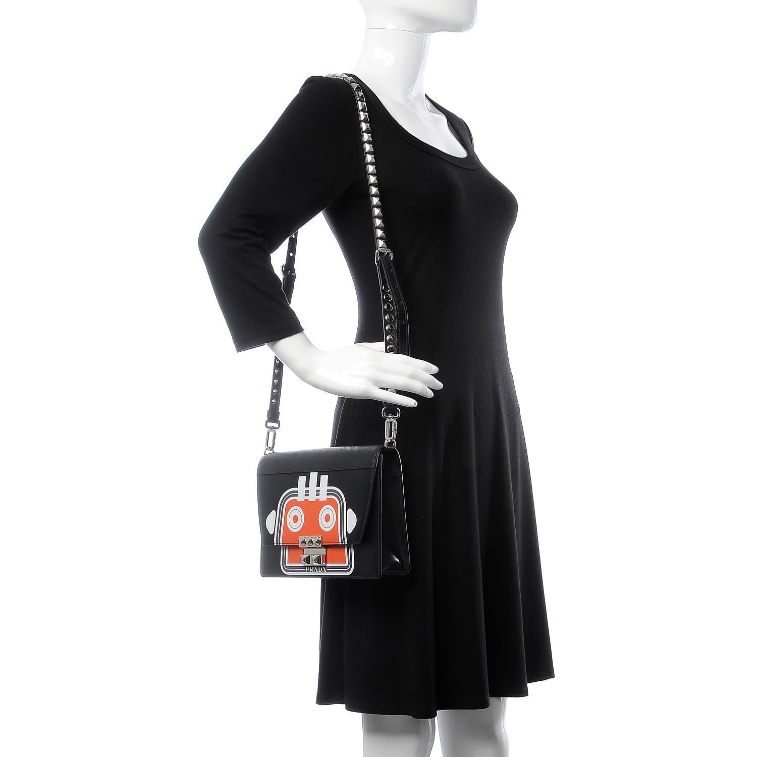 Prada City Calfskin Saffiano Robot Large Elektra Shoulder Bag Black Papaya 2 of 7