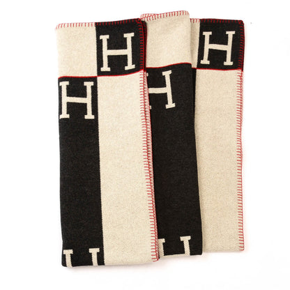 Hermes Wool Cashmere Signature Avalon Blanket Gris Fonce Ecru 1 of 5