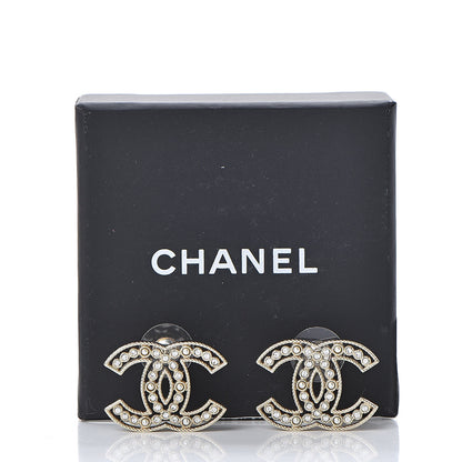 Chanel Pearl Crystal Sparkling Pearls CC Earrings Light Gold 5 of 5