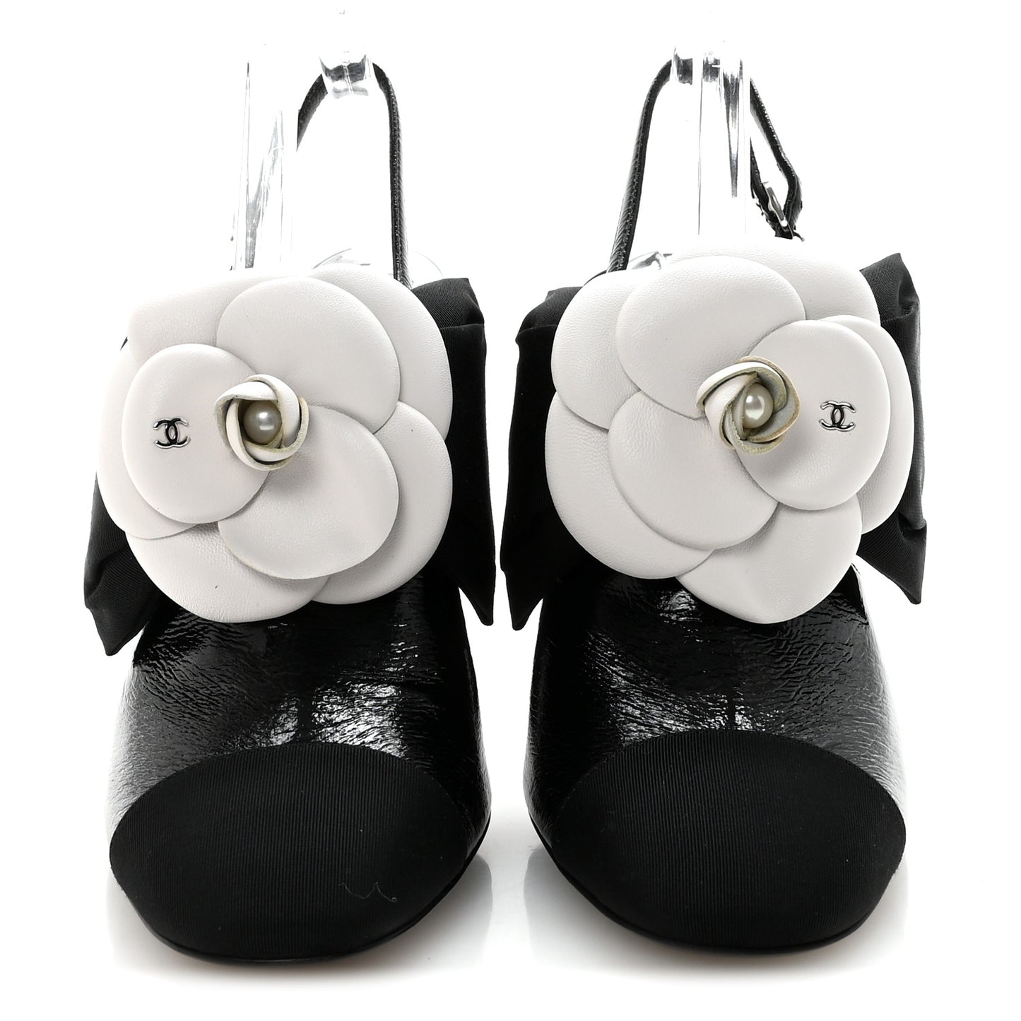Crumpled Shiny Fabric Grosgrain Cap Toe Camellia Bow Slingback Pumps 39 Black