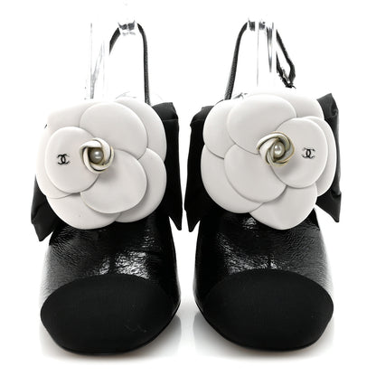 Chanel Crumpled Shiny Fabric Grosgrain Cap Toe Camellia Bow Slingback Pumps 39 Black 5 of 18