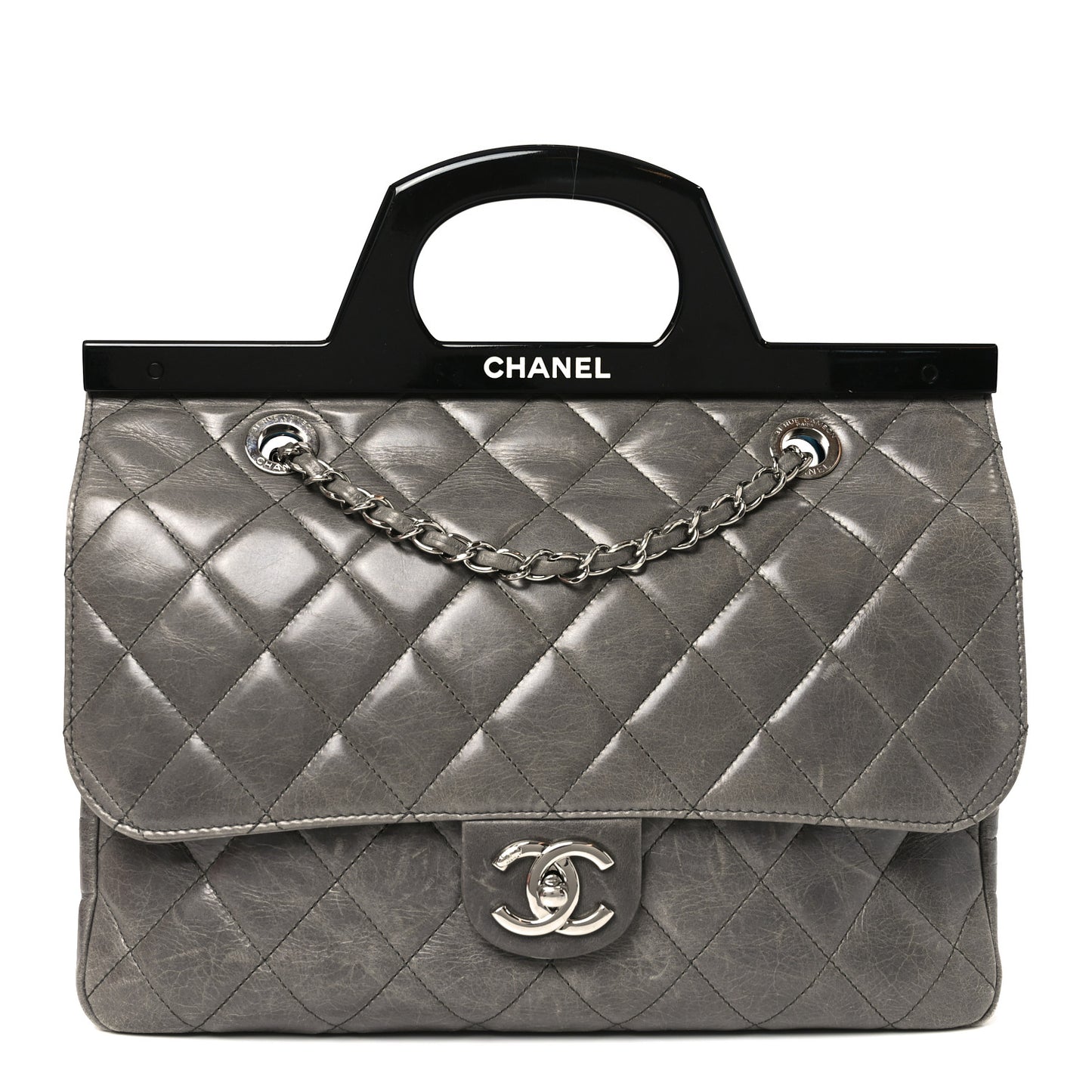 Glazed Calfskin Quilted Large CC Delivery Tote Grey