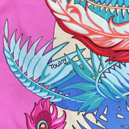 Hermes Silk Mythiques Phoenix Coloriage Scarf 90 Fuchsia Cobalt Orange 5 of 7