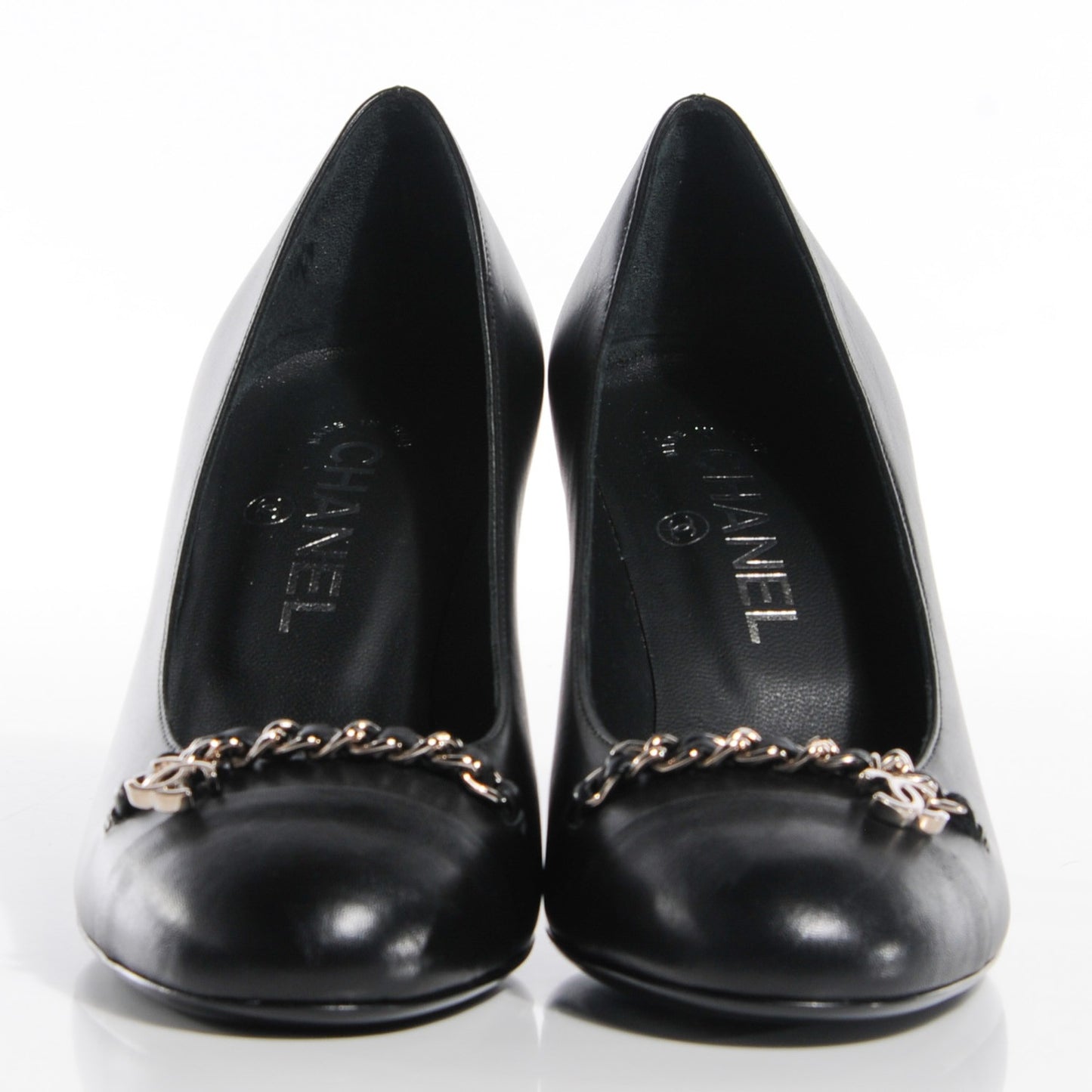 Lambskin Chain Cap Toe Pumps 37 Black