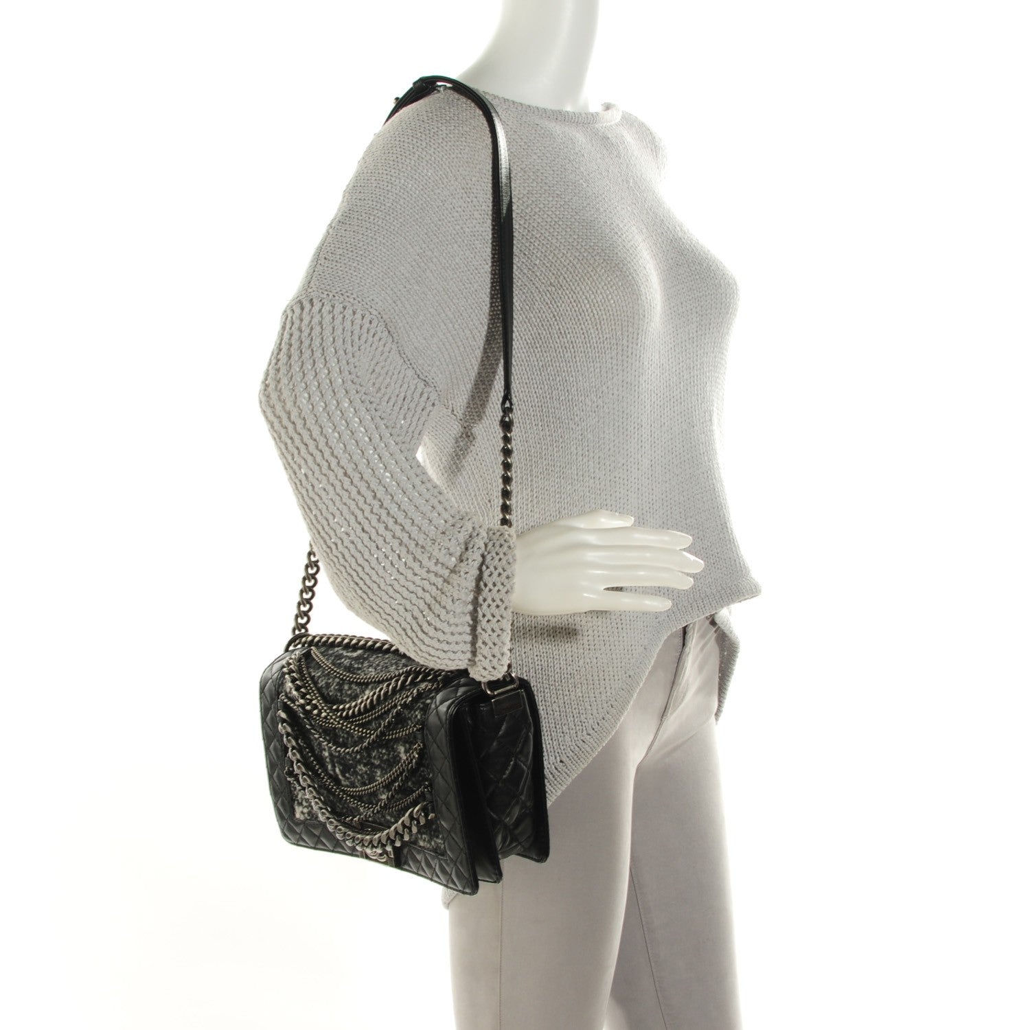Chanel Calfskin Tweed Enchained Medium Boy Flap Black 2 of 8