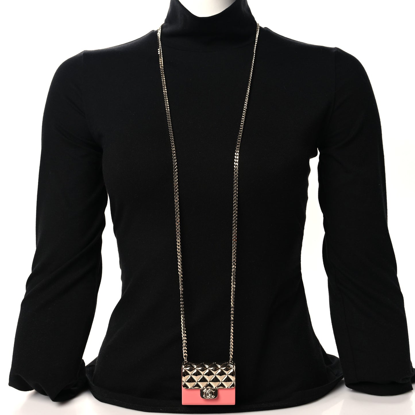 Metal Resin Lambskin Flap Bag Long Necklace Gold Pink