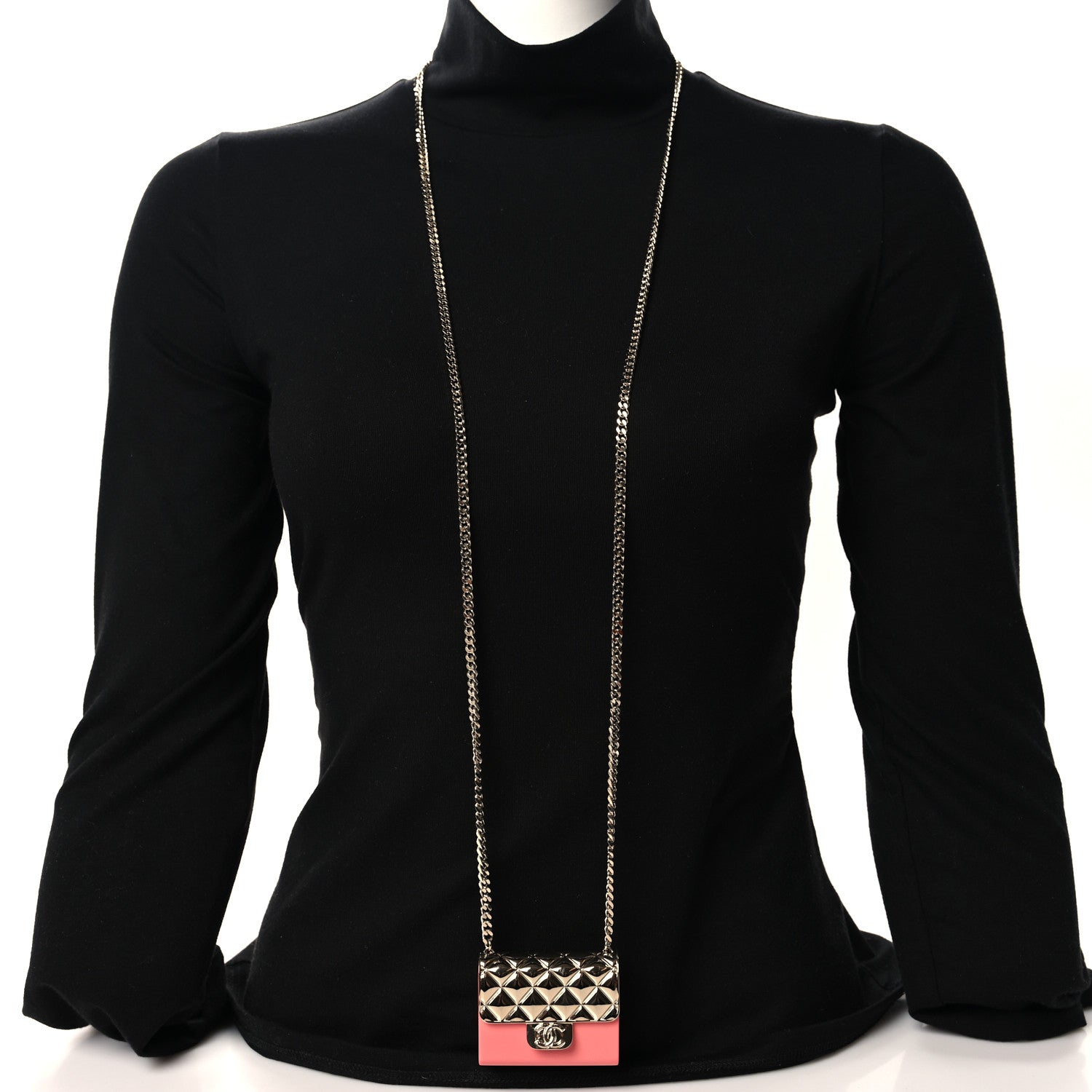 Chanel Metal Resin Lambskin Flap Bag Long Necklace Gold Pink 2 of 5