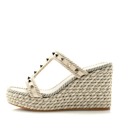 Valentino Garavani Calfskin Rockstud Torchon Espadrille 25/95mm Wedge Sandals 38 Light Ivory 1 of 7