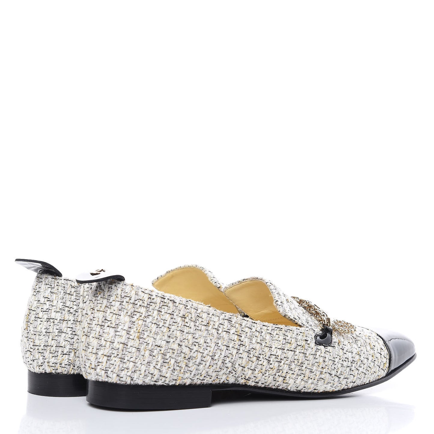 Tweed Patent Cap Toe Loafers 40 Ecru Black Gold