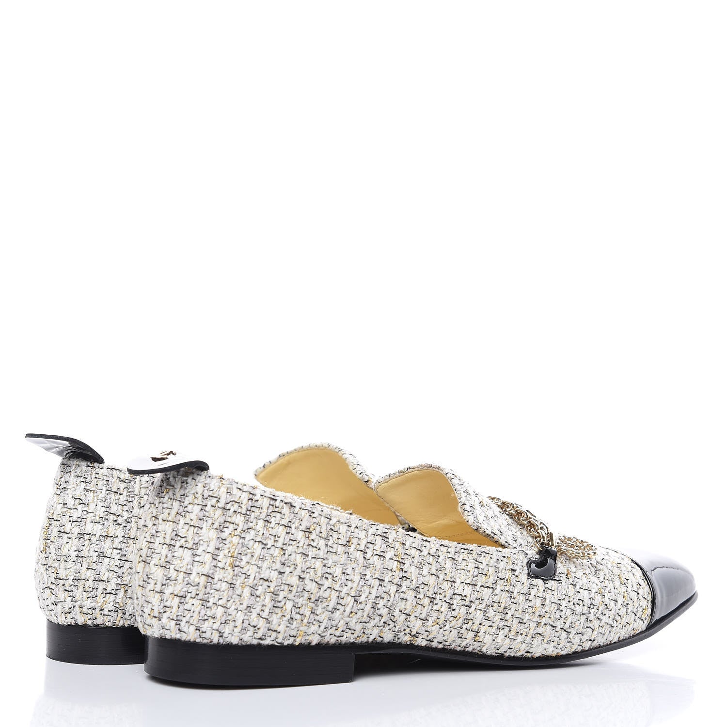 Chanel Tweed Patent Cap Toe Loafers 40 Ecru Black Gold 4 of 12