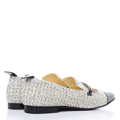 Chanel Tweed Patent Cap Toe Loafers 40 Ecru Black Gold 4 of 12