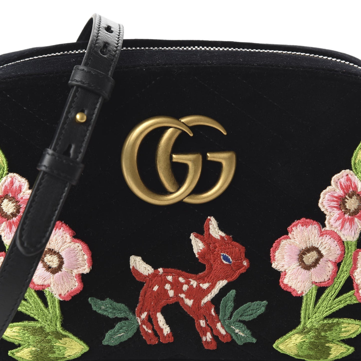 Velvet Matelasse Deer Embroidered Small GG Marmont Chain Shoulder Bag Black