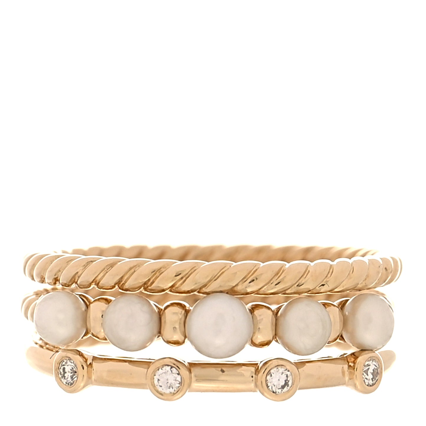18K Yellow Gold Diamond Pearl Petite Perle Three Row Ring 54 6.75