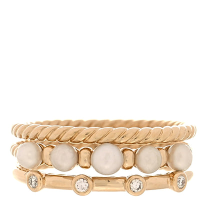 David Yurman 18K Yellow Gold Diamond Pearl Petite Perle Three Row Ring 54 6.75 1 of 4