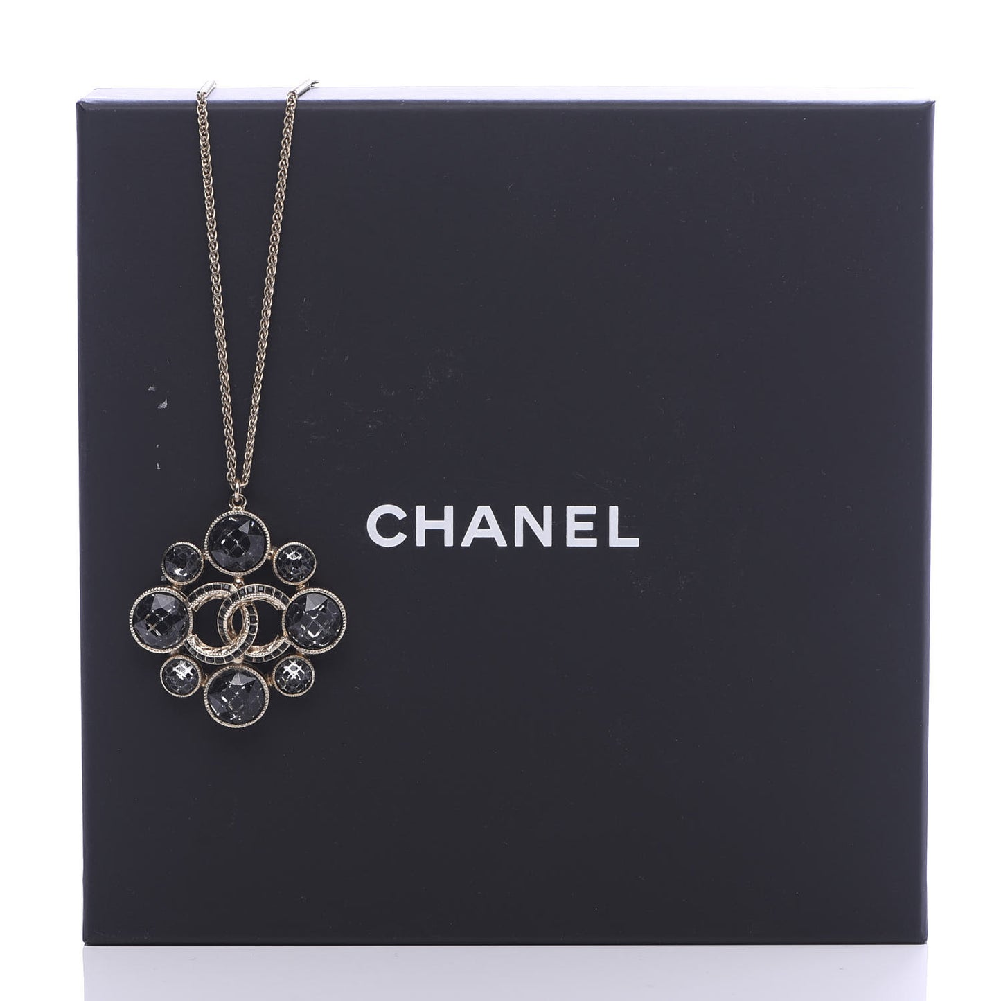 Gripoix Poured Glass Crystal CC Pendant Necklace Black Gold