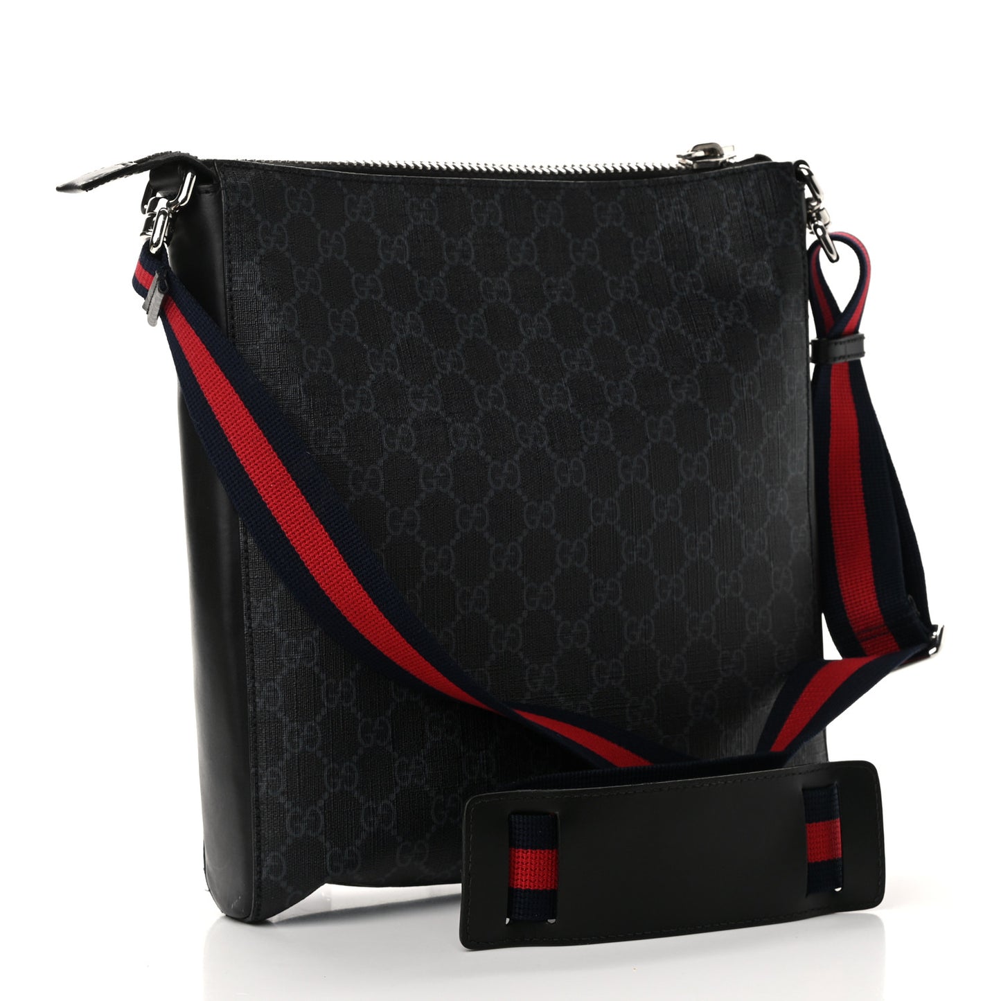 GG Supreme Monogram Appia Calfskin Web Flat Messenger Bag Black Grey
