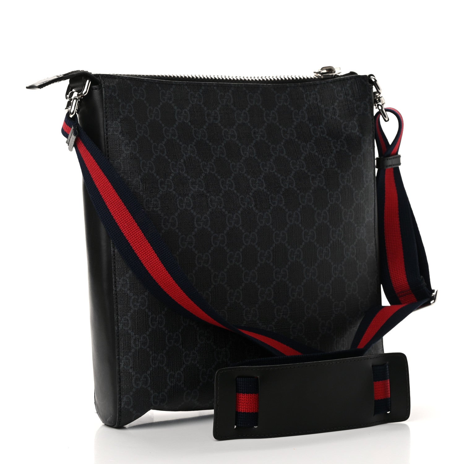 Gucci GG Supreme Monogram Appia Calfskin Web Flat Messenger Bag Black Grey 3 of 12