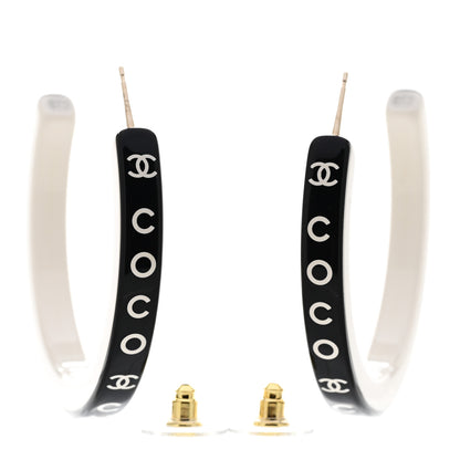 Chanel Resin Logo Hoop Earrings Black White 4 of 5
