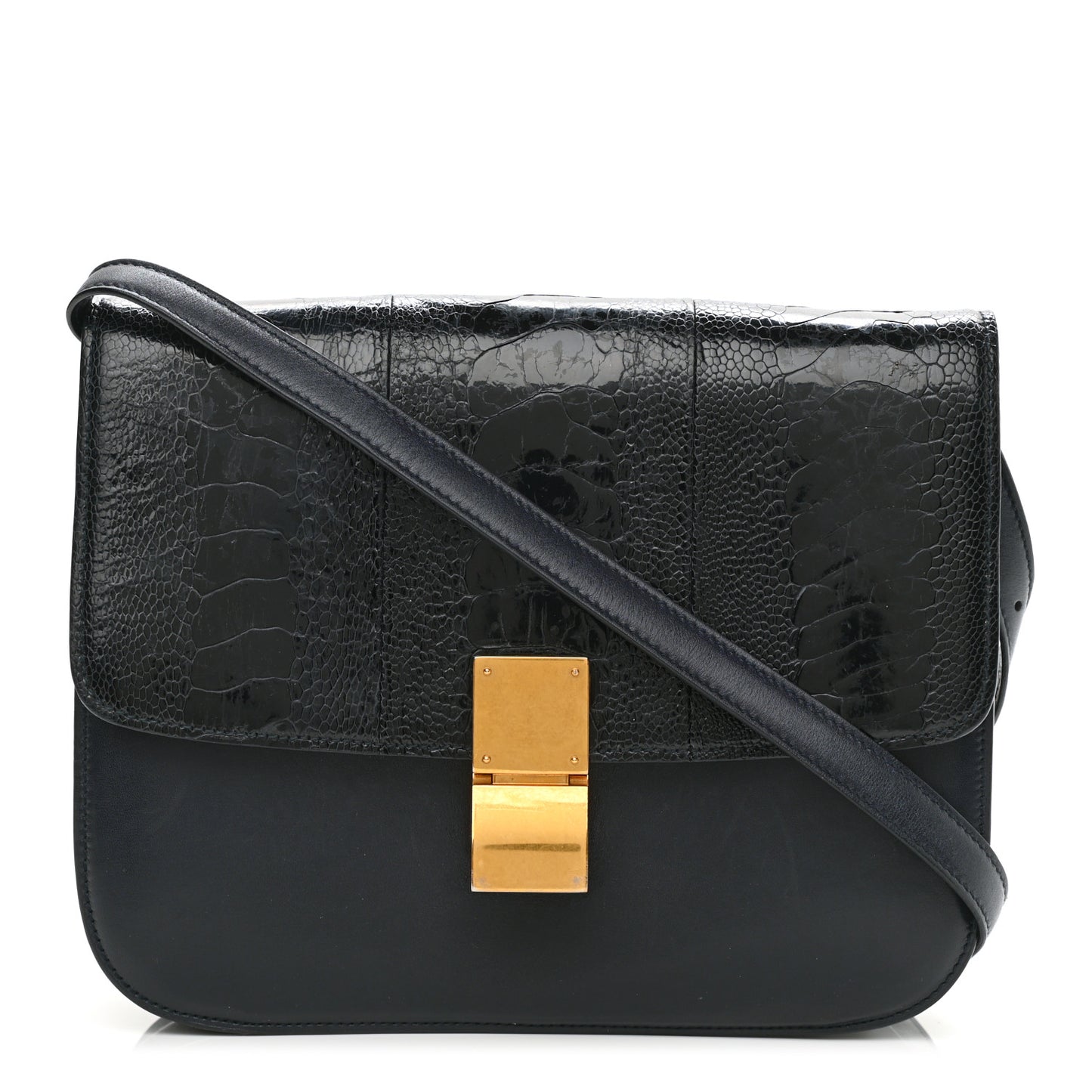 Ostrich Leg Medium Classic Box Flap Bag Dark Blue