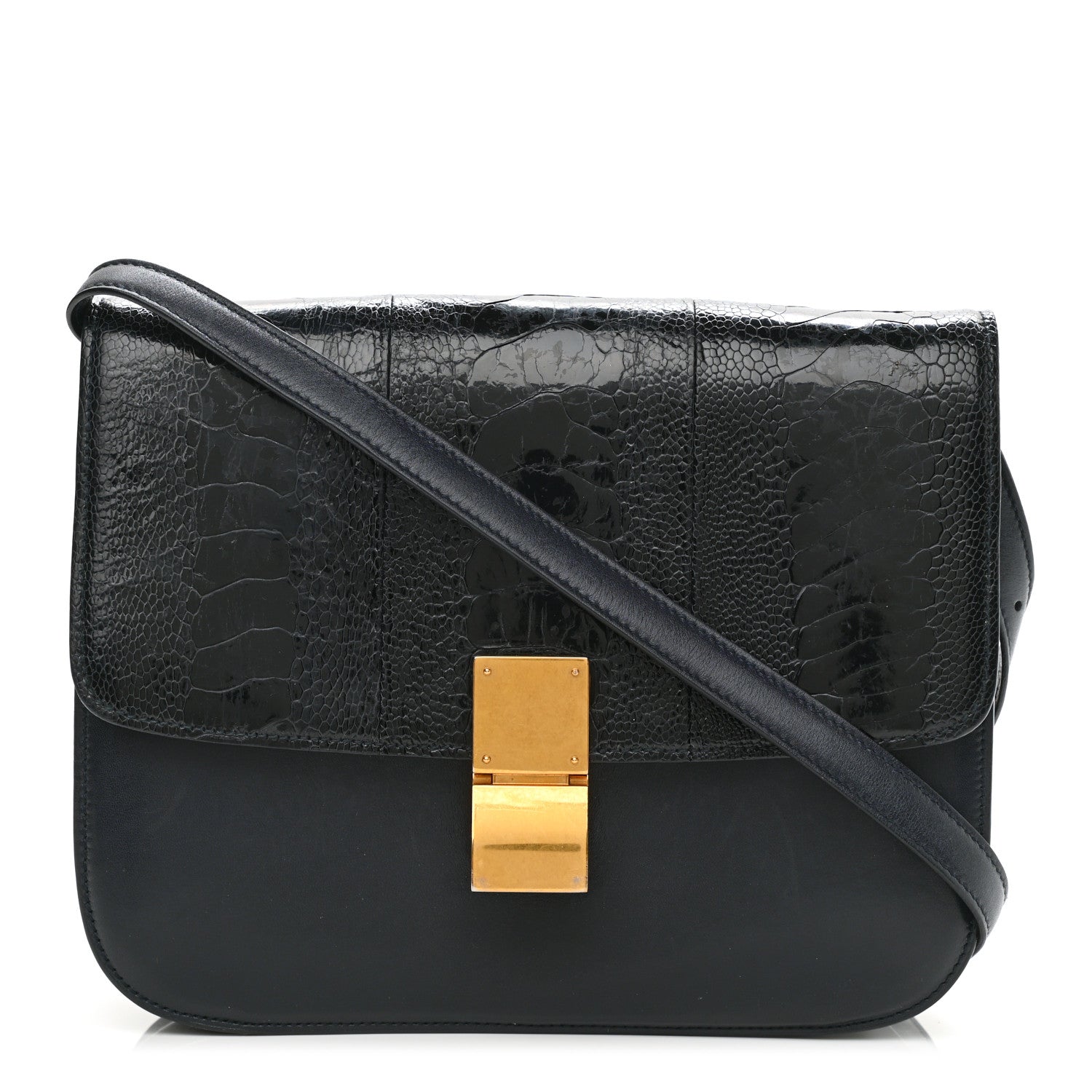 Celine Ostrich Leg Medium Classic Box Flap Bag Dark Blue 1 of 12