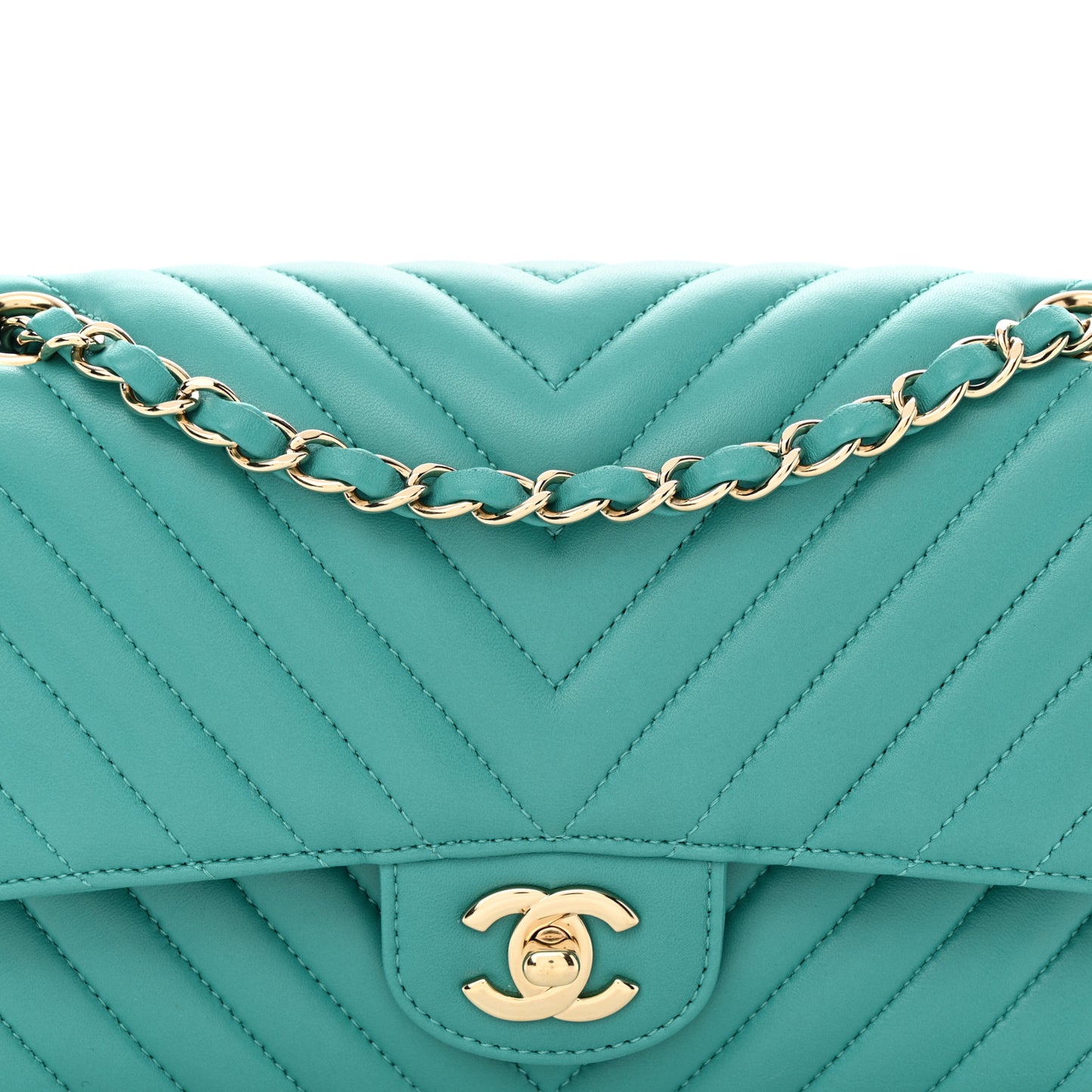 Lambskin Chevron Quilted Medium Double Flap Turquoise