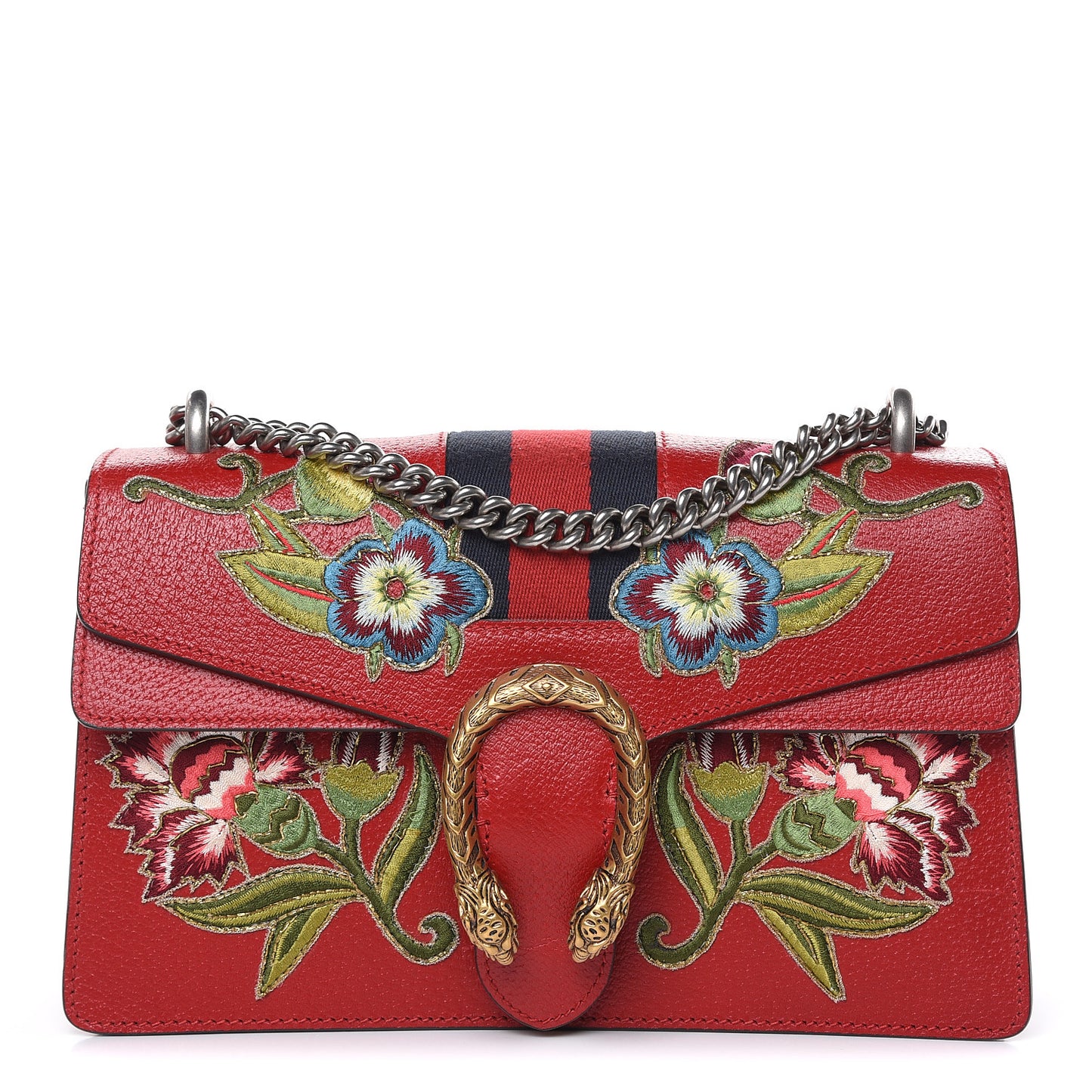 Calfskin Web Floral Embroidered Small Dionysus Shoulder Bag Hibiscus Red