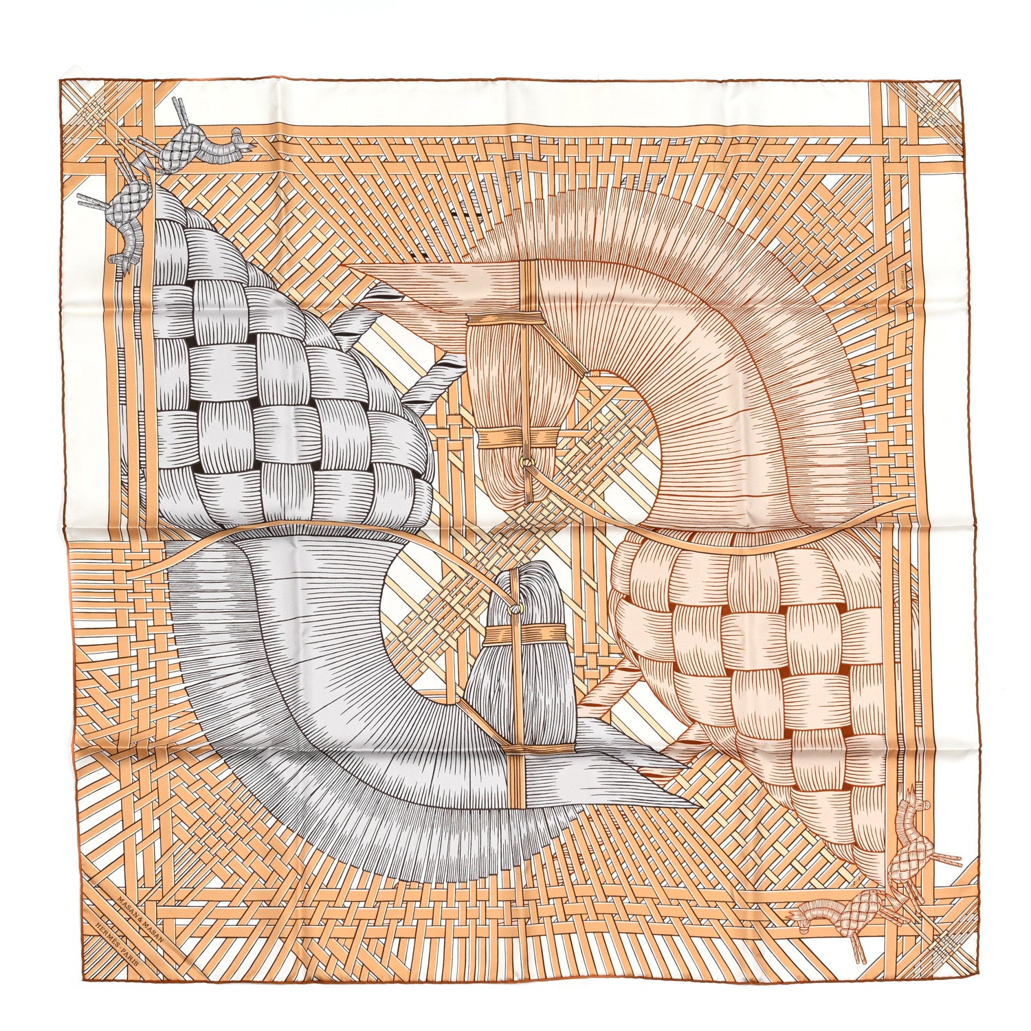 Hermes Silk Masan & Masan Scarf 90 White Beige Gris 1 of 5