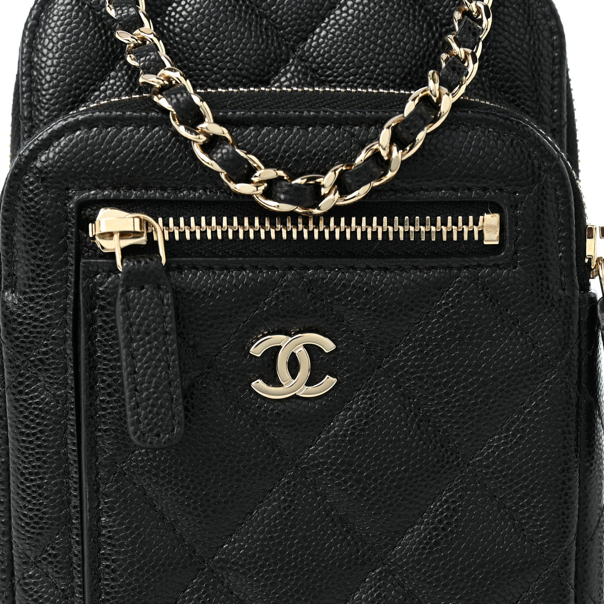 Caviar Quilted Phone Holder With Chain Black