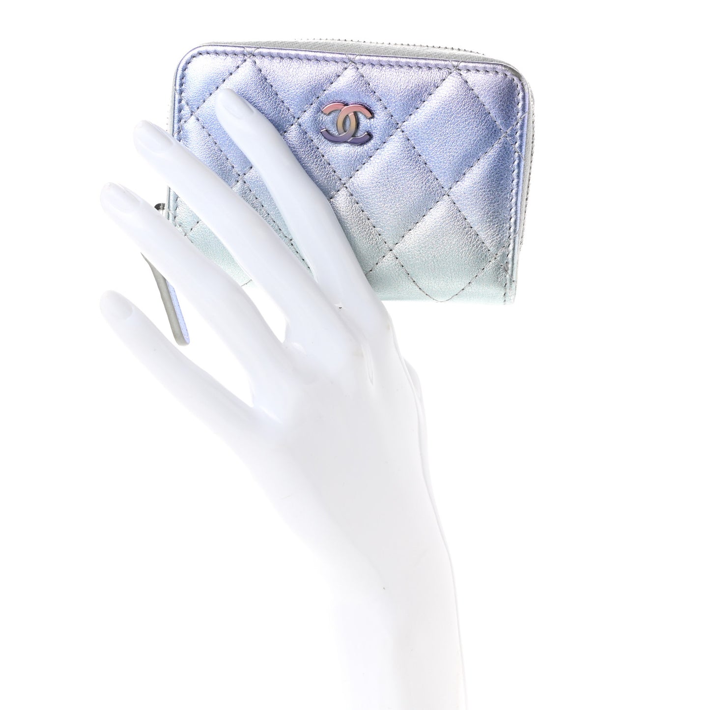 Gradient Metallic Calfskin Quilted Zip Around Coin Purse Wallet Silver Blue Yellow Purple