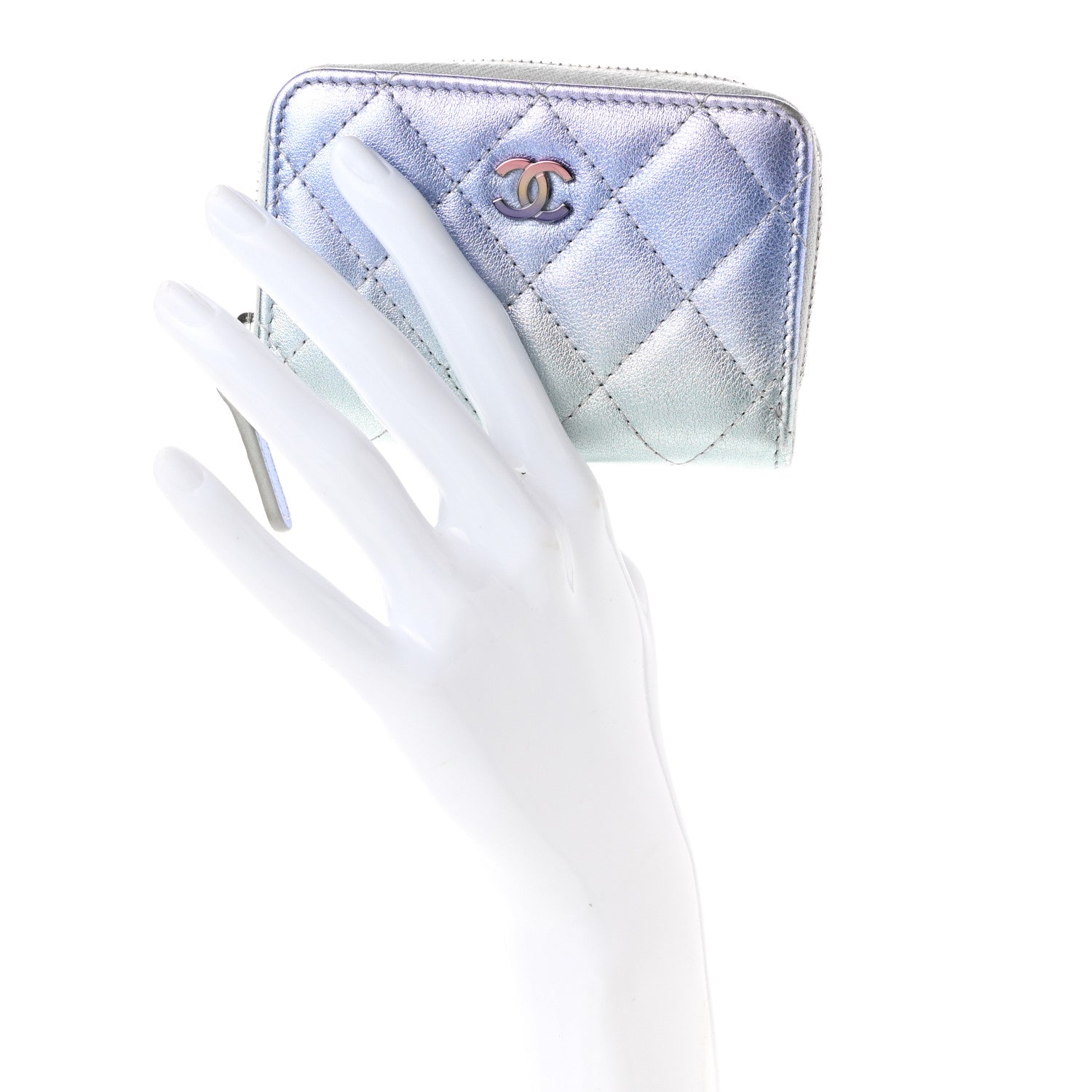 Chanel Gradient Metallic Calfskin Quilted Zip Around Coin Purse Wallet Silver Blue Yellow Purple 2 of 10