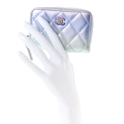 Chanel Gradient Metallic Calfskin Quilted Zip Around Coin Purse Wallet Silver Blue Yellow Purple 2 of 10