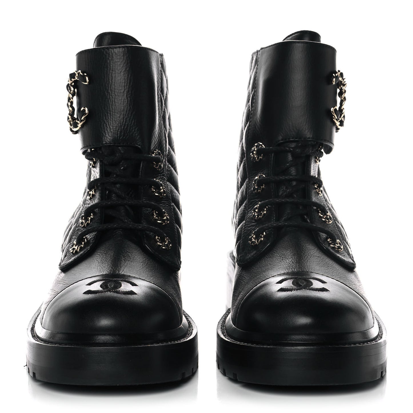 Shiny Goatskin Calfskin Quilted Lace Up Combat Boots 40 Black