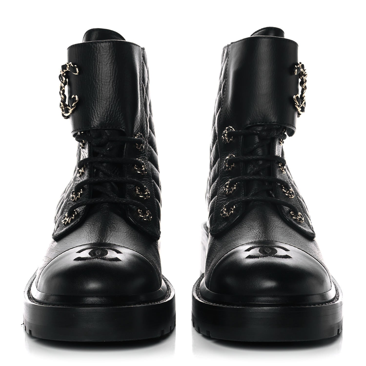 Chanel Shiny Goatskin Calfskin Quilted Lace Up Combat Boots 40 Black 3 of 20