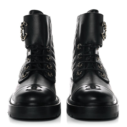 Chanel Shiny Goatskin Calfskin Quilted Lace Up Combat Boots 40 Black 3 of 20