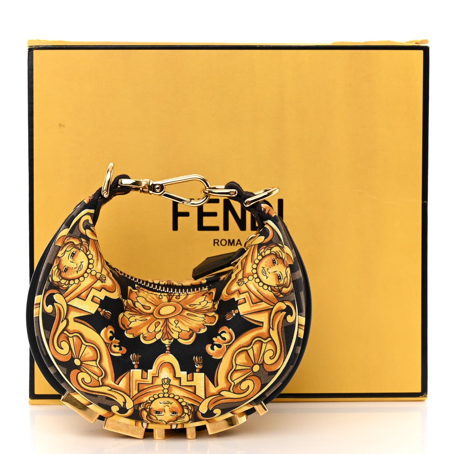 X VERSACE Silk Fendace Baroque Nano Fendigraphy Hobo Charm Black Gold