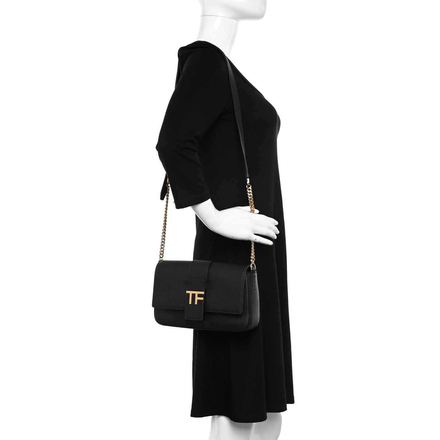 Grained Calfskin TF Chain Shoulder Bag Black