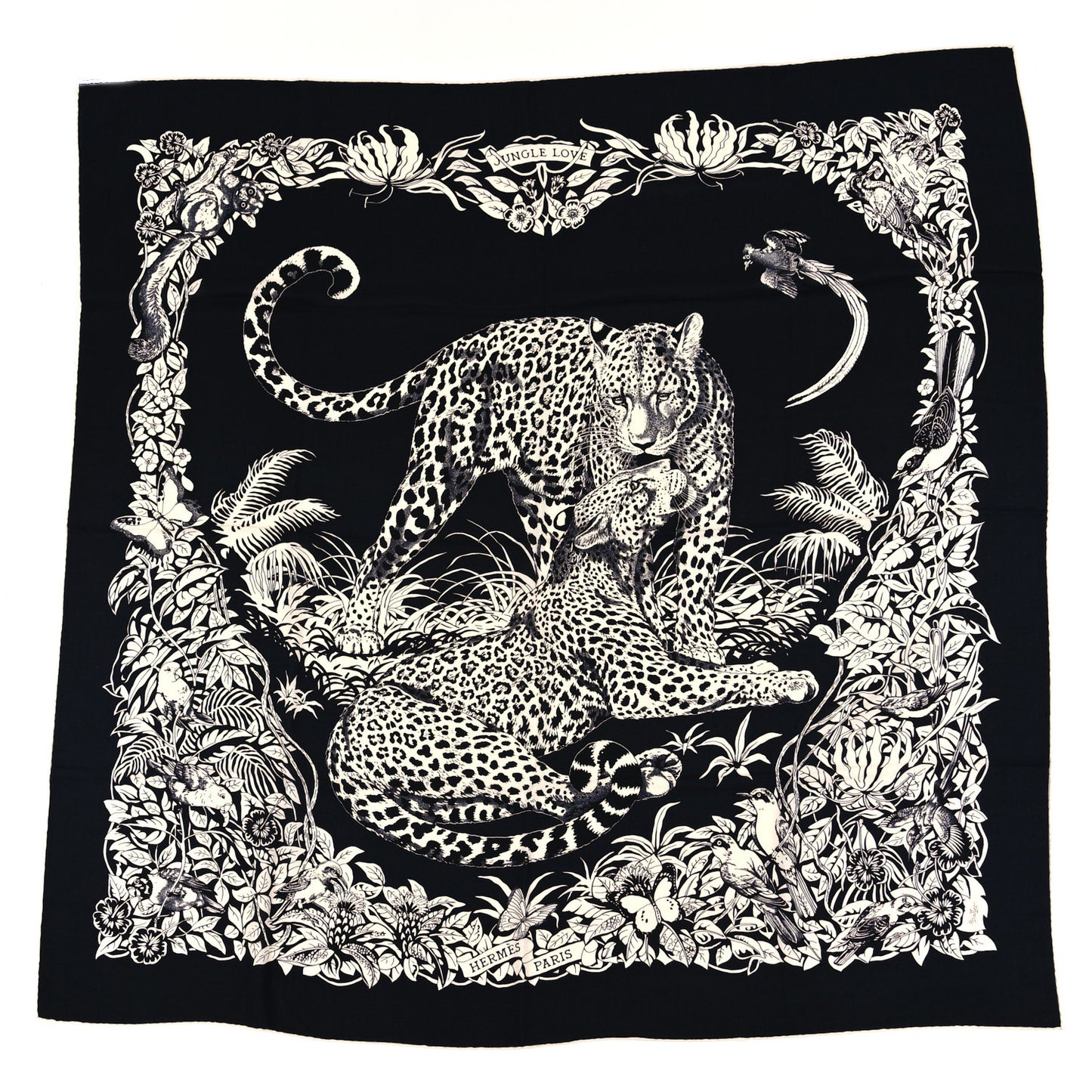 Cashmere Silk Jungle Love Tattoo Shawl 140 Bleu Black White