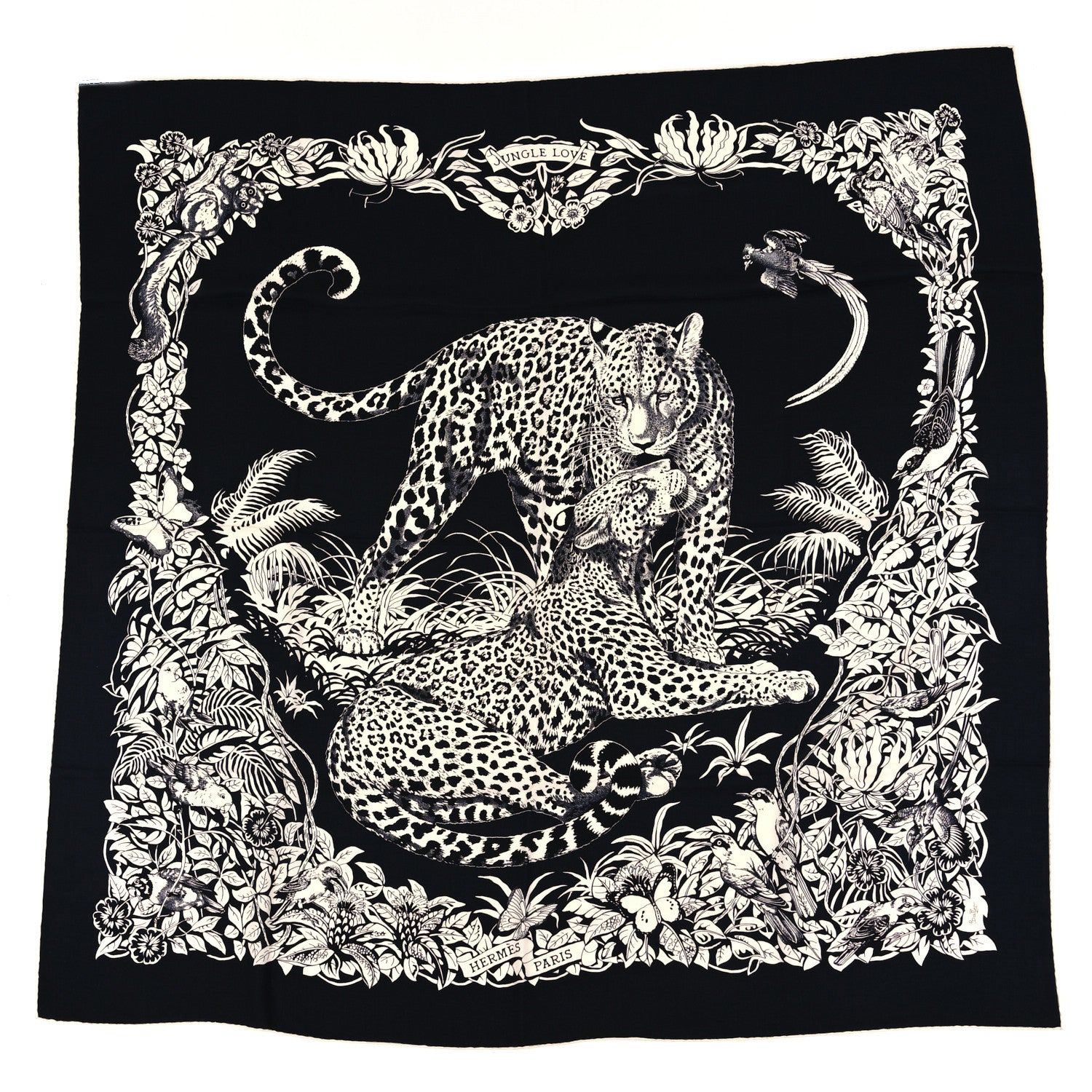 Hermes Cashmere Silk Jungle Love Tattoo Shawl 140 Bleu Black White 1 of 5