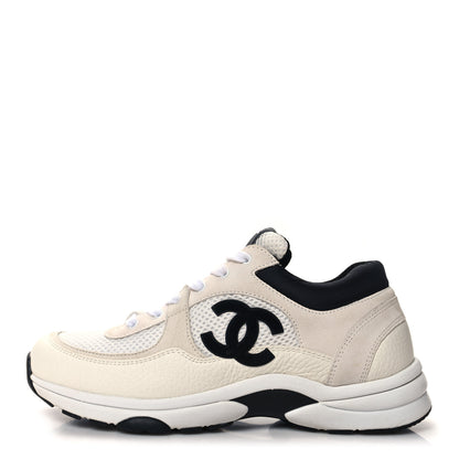 Chanel Mesh Suede Calfskin Grained Calfskin Womens CC Sneakers 40 White Black 1 of 9
