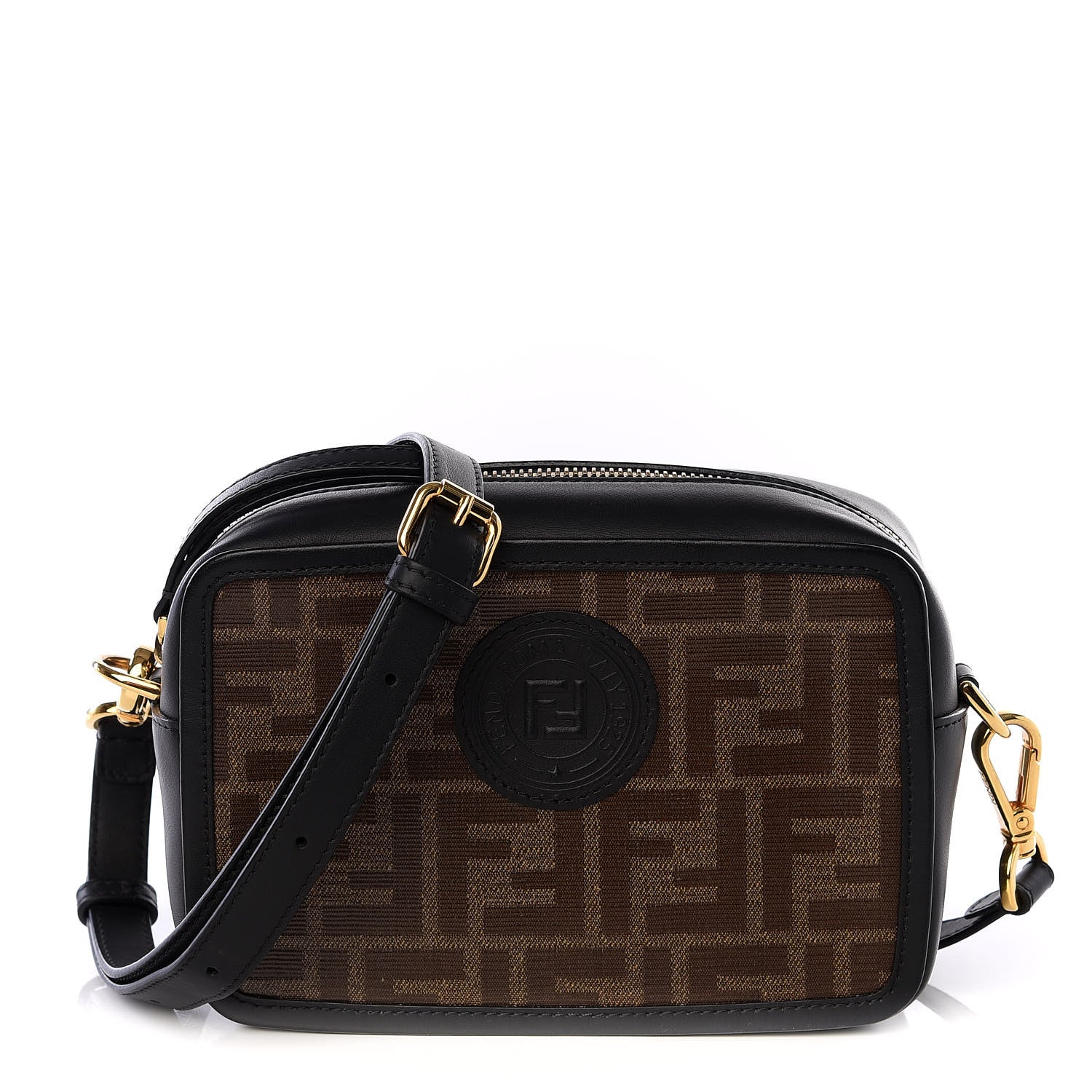Fendi Glazed Fabric Vitello Century FF 1974 Stamp Patch Mini Camera Case Mogano Panna Black 1 of 9