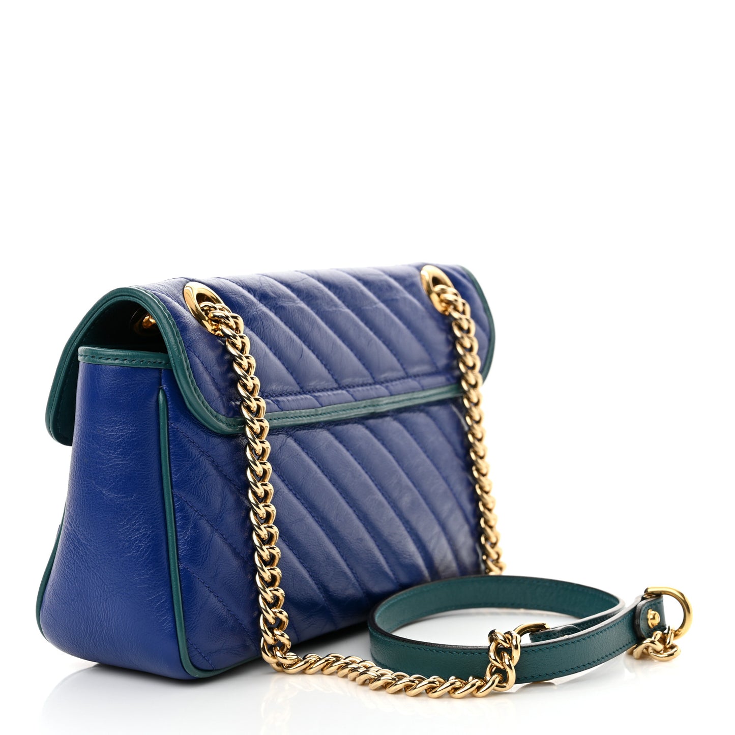 Azalea Calfskin Enamel Matelasse Diagonal Small Torchon GG Marmont Shoulder Bag Imperial Blue Pavone