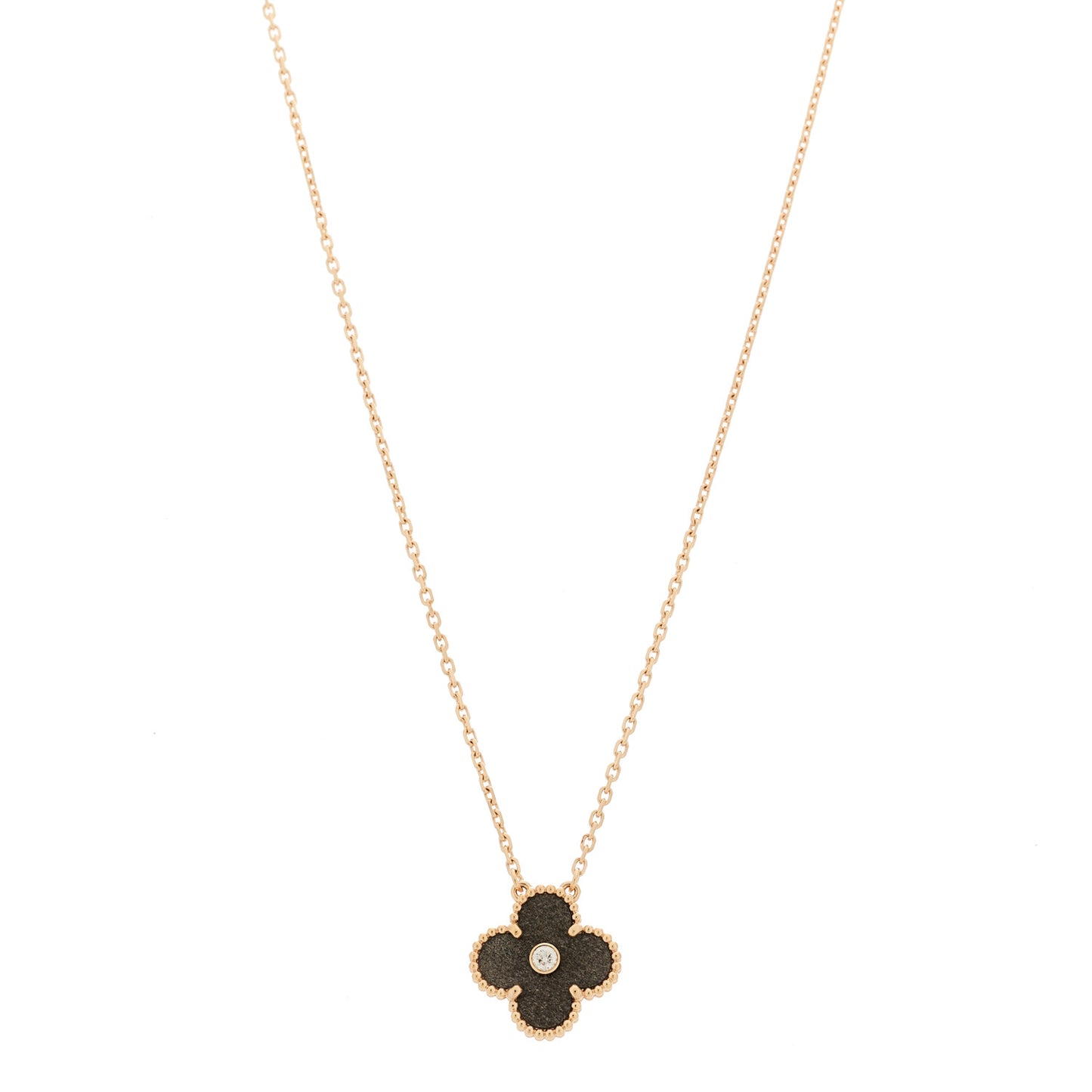 18K Rose Gold Diamond Silver Obsidian Vintage Alhambra Pendant Necklace