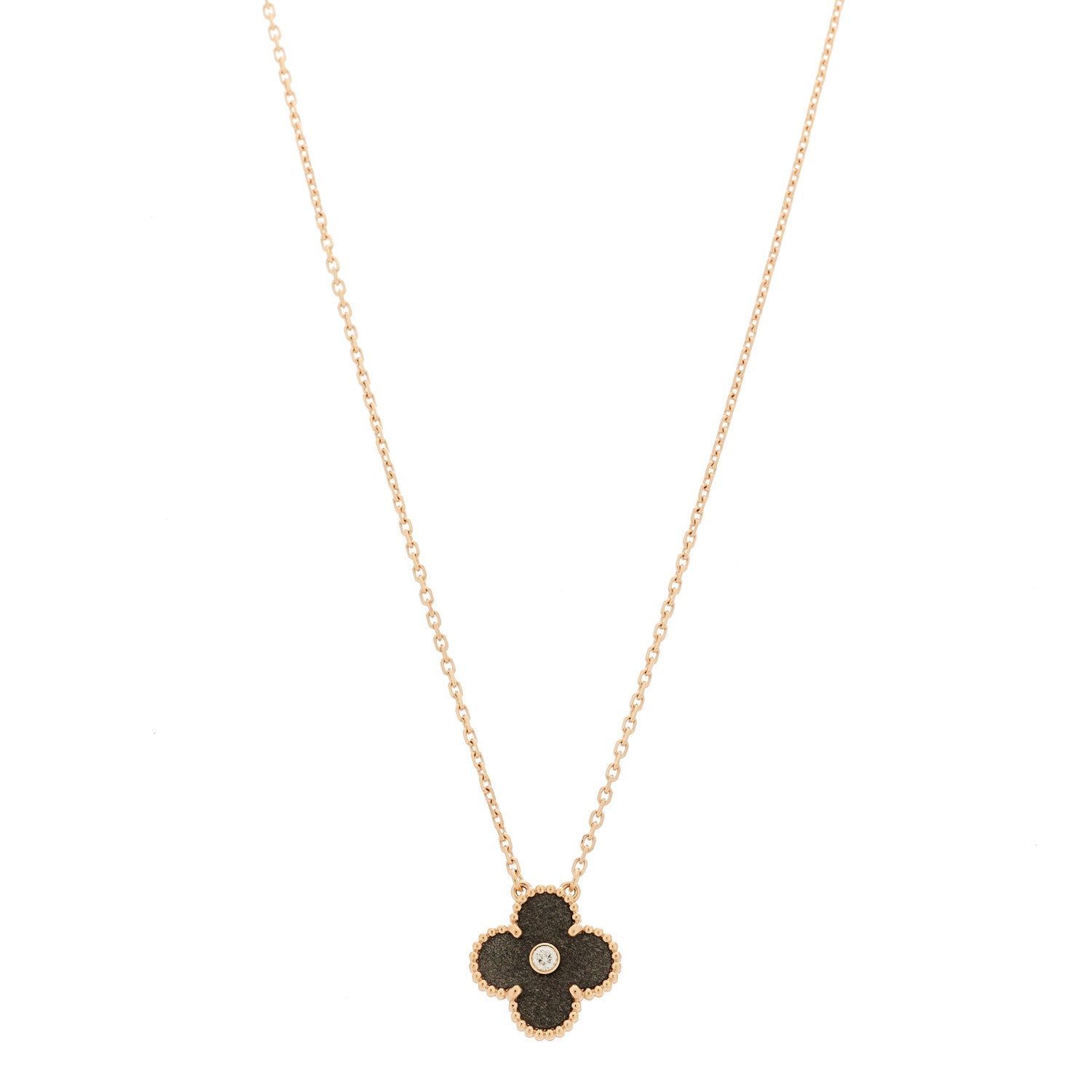 Van Cleef & Arpels 18K Rose Gold Diamond Silver Obsidian Vintage Alhambra Pendant Necklace 1 of 6