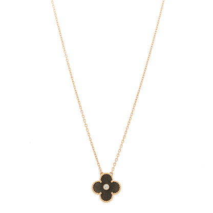 Van Cleef & Arpels 18K Rose Gold Diamond Silver Obsidian Vintage Alhambra Pendant Necklace 1 of 6