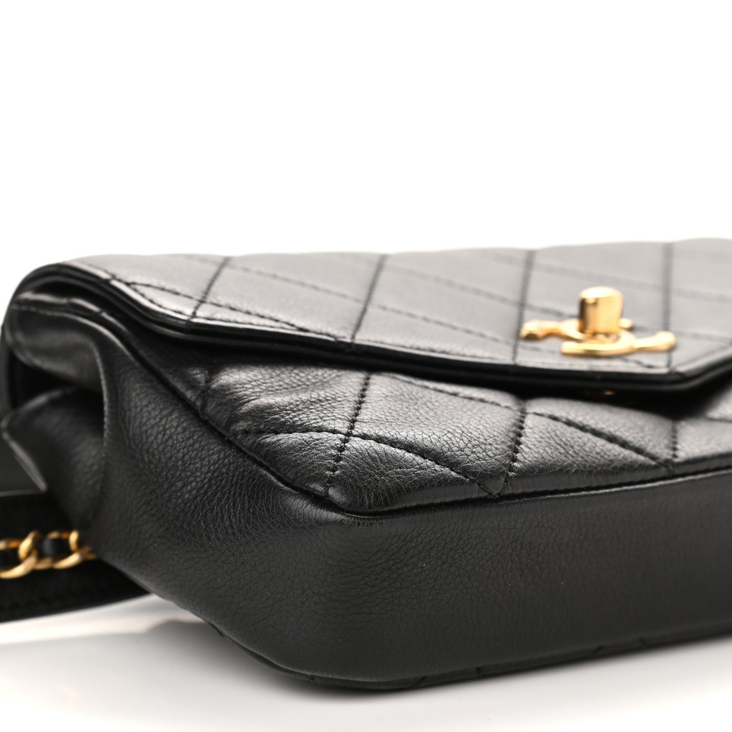 Lambskin Quilted Flap Waist Belt Bag Black
