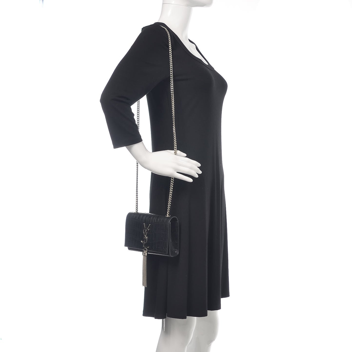 Calfskin Crocodile Embossed Small Classic Monogram Kate Tassel Satchel Black