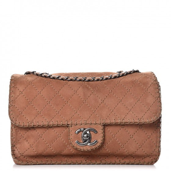 Suede Calfskin Stitch Flap Light Brown